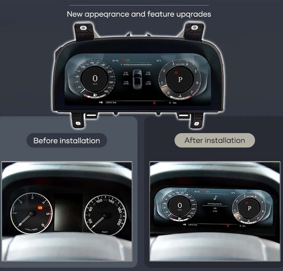 Car dashboard with before and after installation of a new display system.