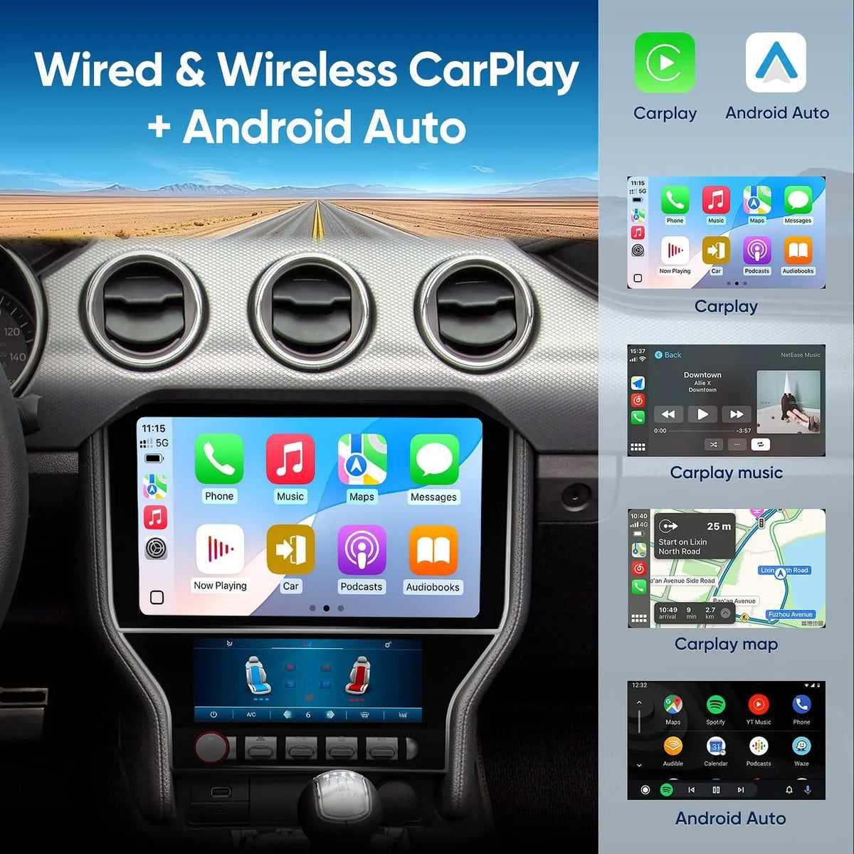 Euronavigate Car 11.5‘’ Car Radio for Ford Mustang (GT) 2015-2022 Stereo Upgrade with Touch Screen Air Condition Control Wireless CarPlay Android Auto 4G RAM+64G ROM Android 13.0 Mustang Touch Screen Radio  Retrofit Aftermarket Accessories
