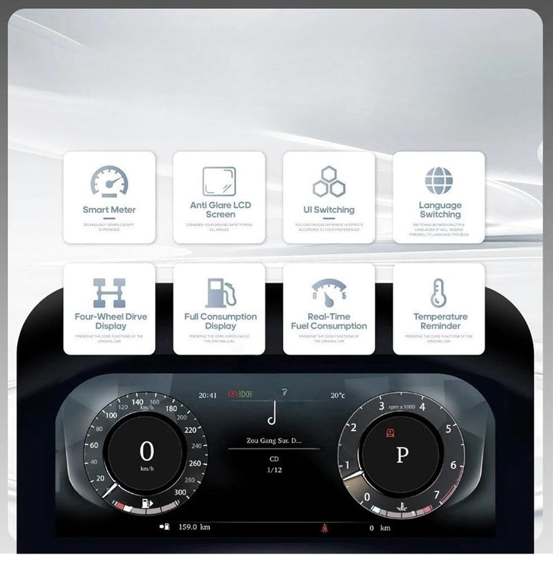 Terrain mode status and tire pressure values appear on the Land Rover Discovery 4 digital instrument panel