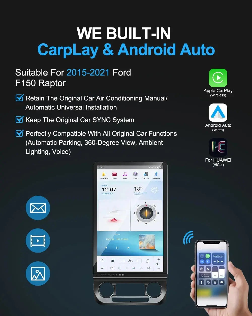Euronavigate Car 16.8 inch tesla screen Android 13 car player For Ford Raptor F150  F250 F350 F450 2015 2016 2017 2018 2019 2020 2021 2022  Car Radio Player Stereo navigation  Retrofit Aftermarket Accessories