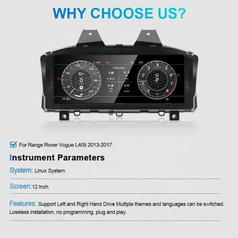 Transform your driving experience with our 12.3" LCD digital cluster designed specifically for Range Rover L405. This advanced instrument panel features a Linux OS for fast start-up, plug-and-play installation, and ensures compatibility with original car data like tire pressure and fuel consumption.