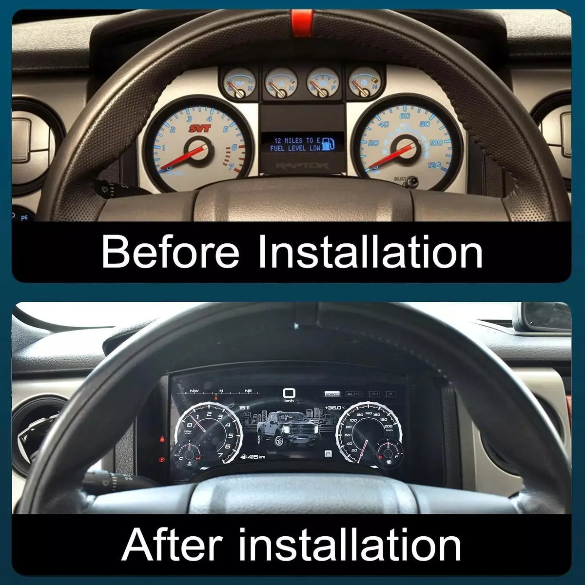 Enhance your Ford F150 Raptor with this Digital Speedometer Instrument Cluster. This 13.1" display with 1920x932 resolution shows your speed and other important data. The digital cluster is easy to install.