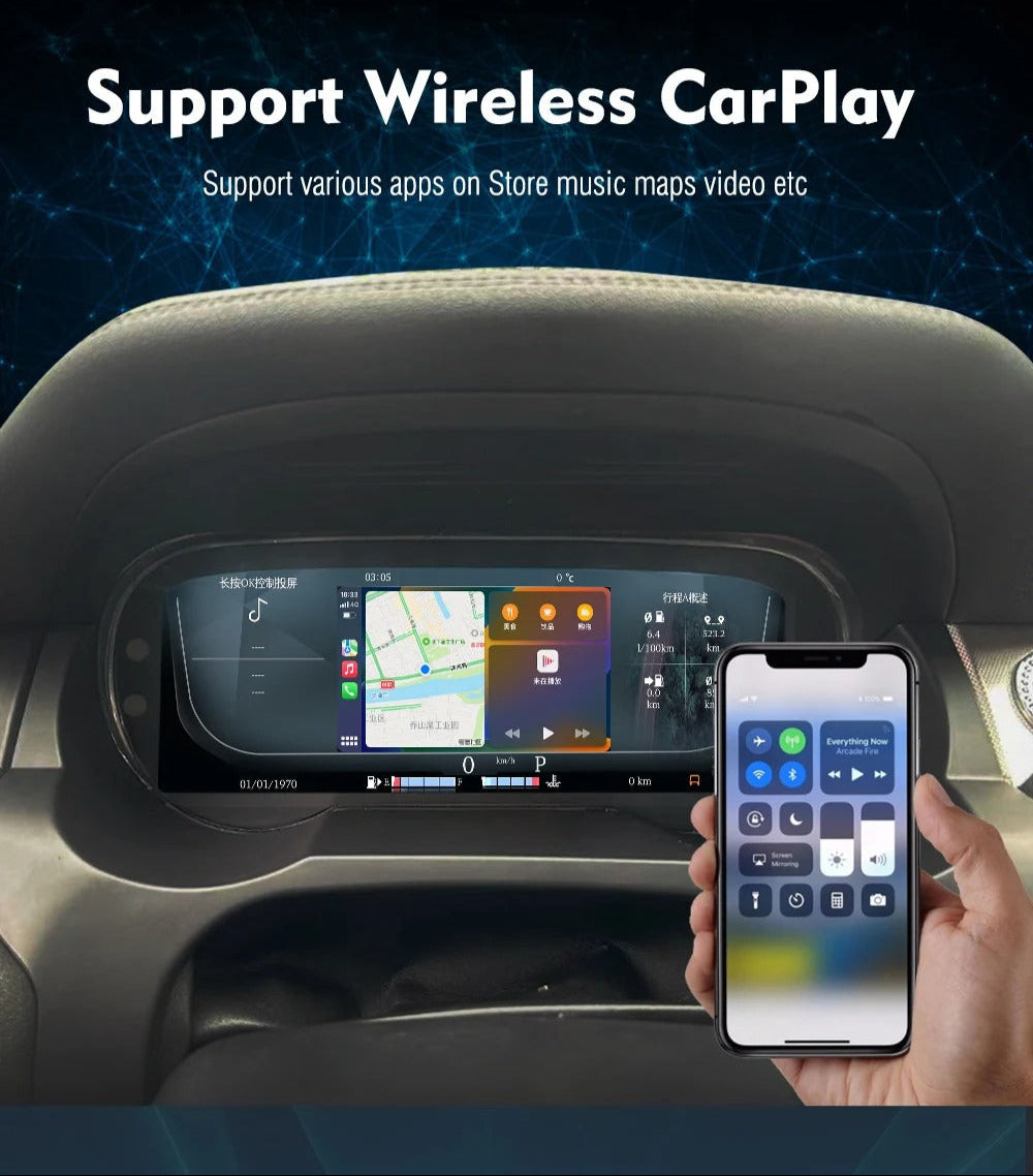 Range Rover Evouge L538 dashboard with a digital display and a smartphone showing app icons, with text indicating wireless CarPlay support.