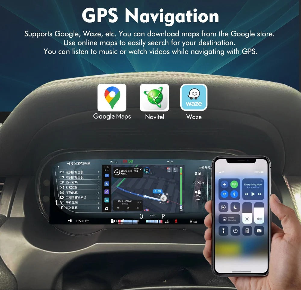 Range Rover Evouge L538 Car dashboard with GPS navigation system and smartphone, featuring Google Maps, Navitel, and Waze logos.