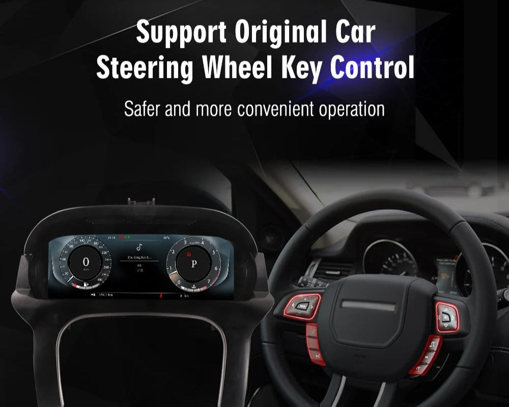 Range Rover Evouge L538  Car dashboard with steering wheel and control panel, highlighting steering wheel key control feature.