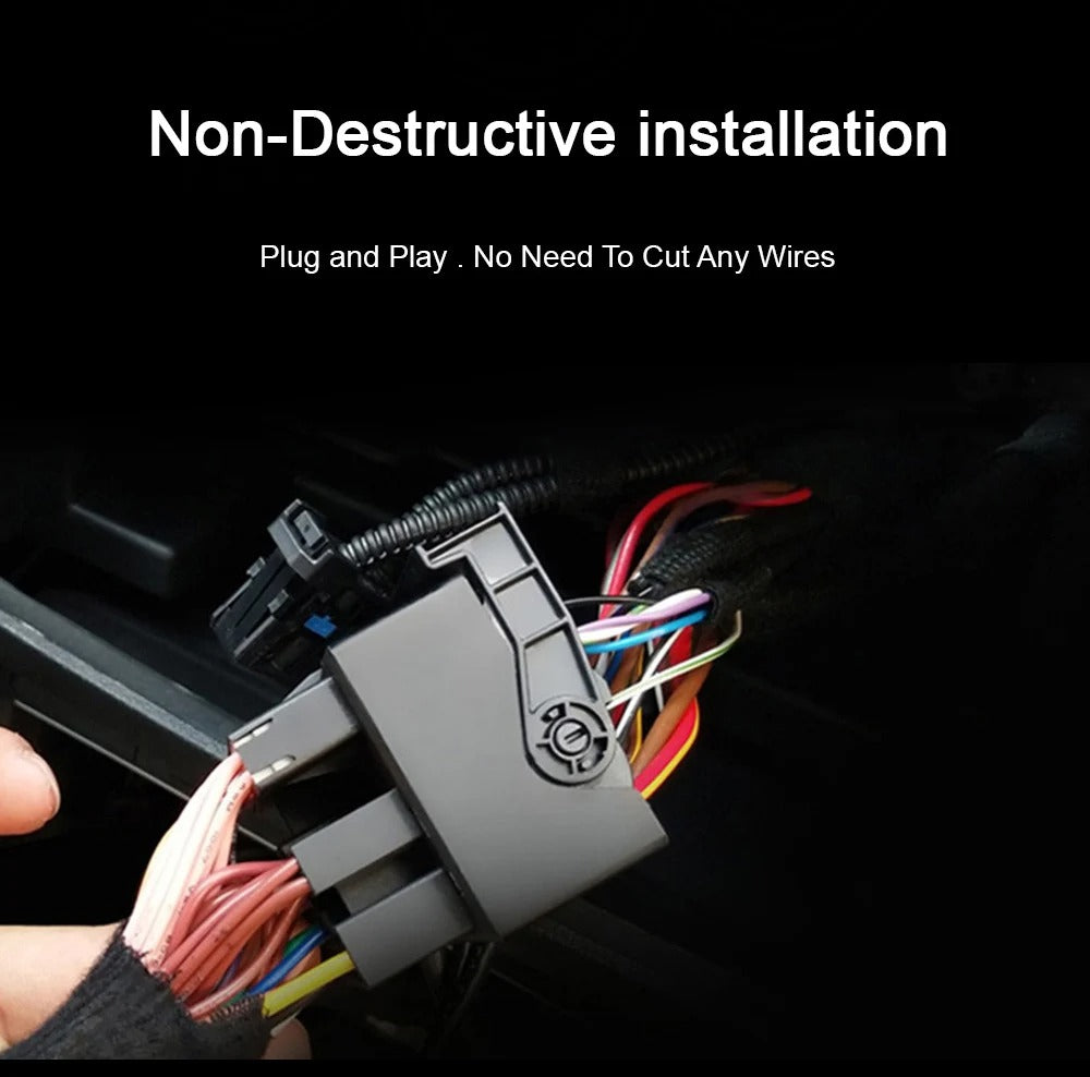 Range Rover Evouge L538  Wiring harness connector with text 'Non-Destructive installation' and 'Plug and Play: No Need To Cut Any Wires' on a black background.