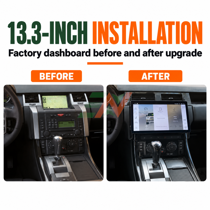 13.3-inch Android head unit for Range Rover Sport before and after installation comparison on dashboard