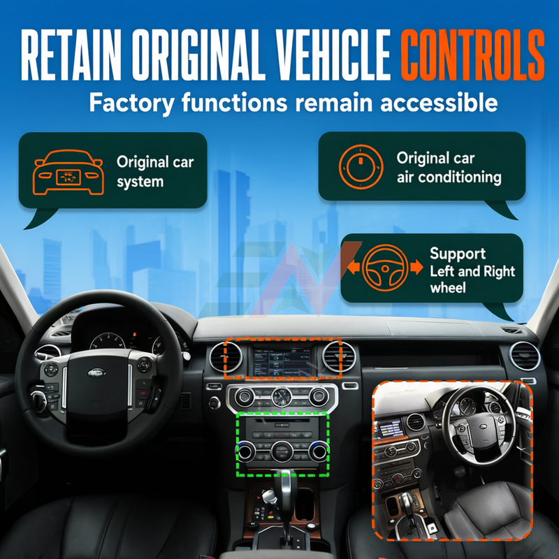 Android head unit Land Rover Discovery 4 original vehicle menu retention with factory controls