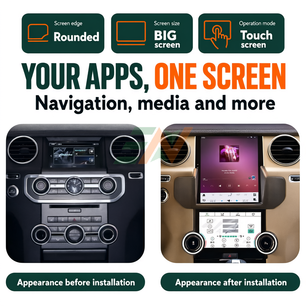 Android head unit Land Rover Discovery 4 vertical infotainment display before and after installation
