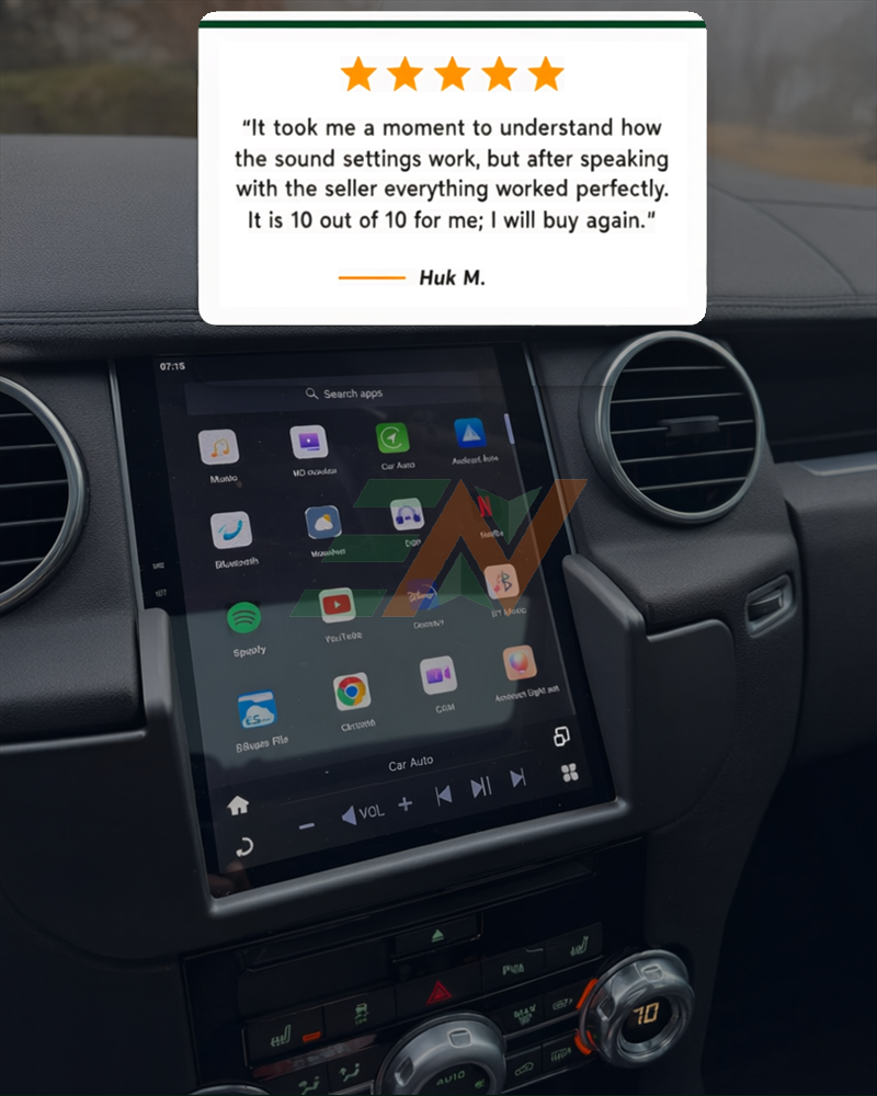 Android head unit Land Rover Discovery 4 vertical infotainment display with multiple apps