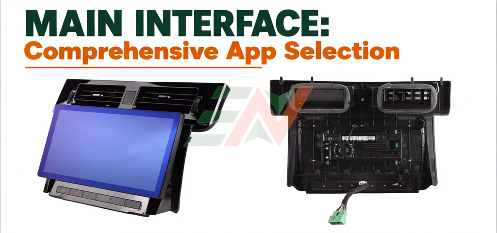 Android head unit for Range Rover Sport with 13.3-inch Android display and rear view of the unit's wiring and vents