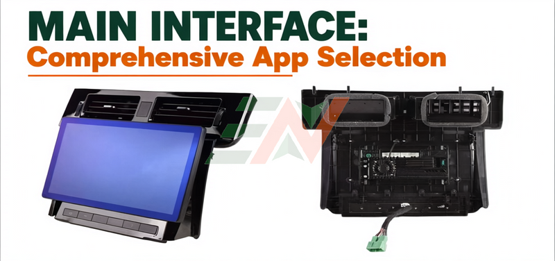 Android head unit for Range Rover Sport with 13.3-inch Android display and rear view of the unit's wiring and vents