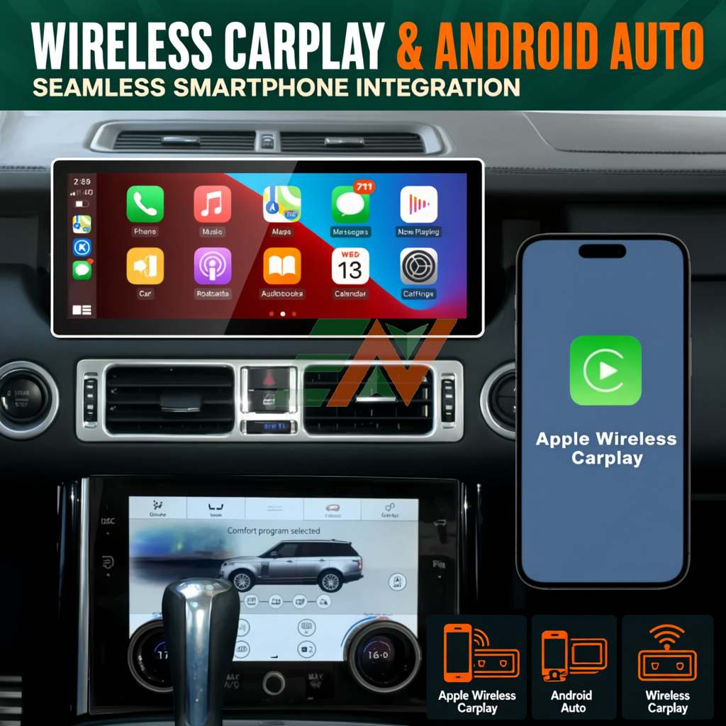 Android head unit for Range Rover Vogue L322 with 12.3-inch Android GPS navigation and Apple Wireless Carplay