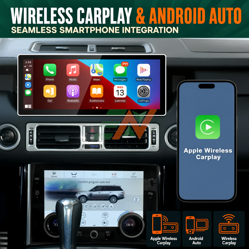 Android head unit for Range Rover Vogue L322 with 12.3-inch Android GPS navigation and Apple Wireless Carplay