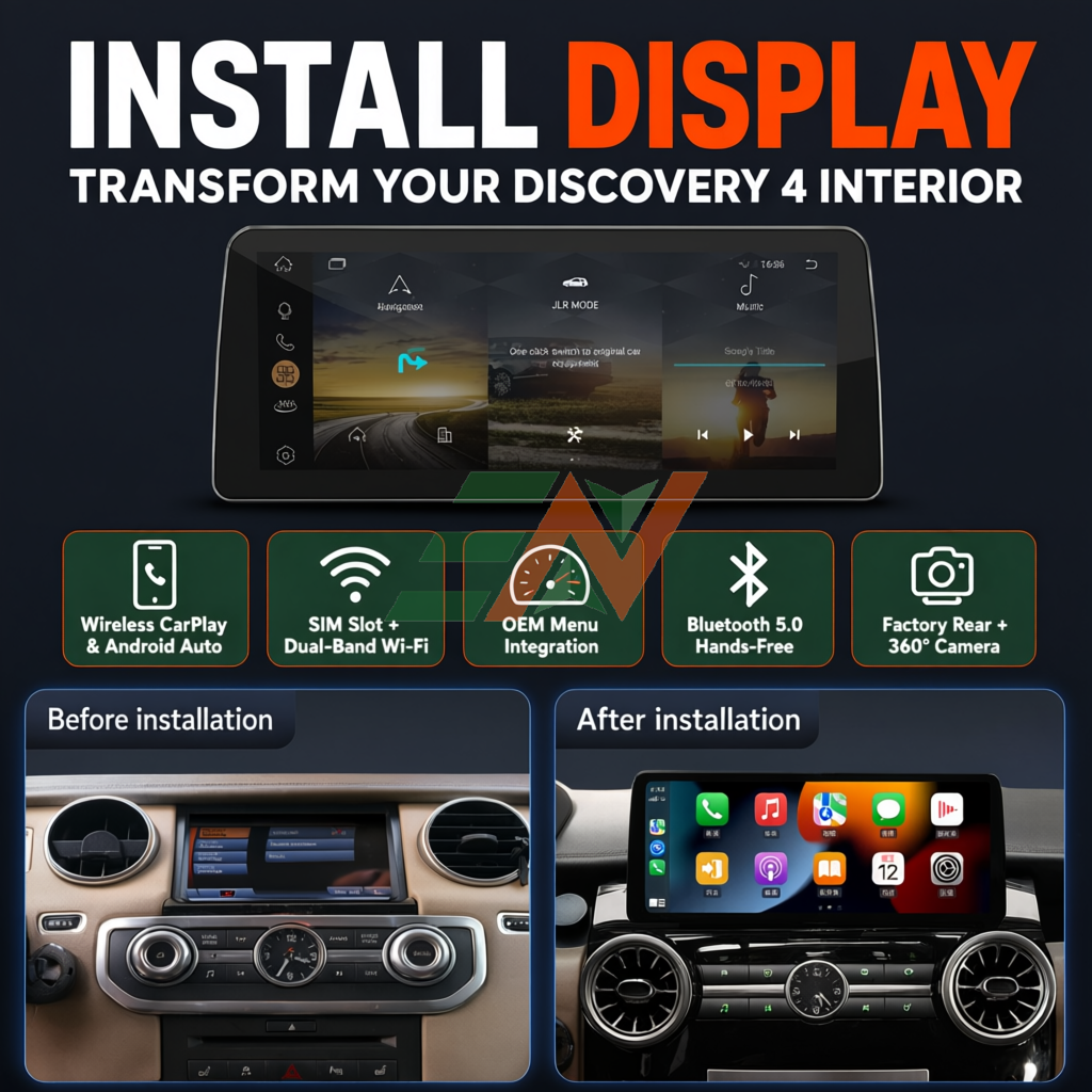 Android Infotainment Screen upgrade for Land Rover Discovery 4 with built-in wireless CarPlay and Android Auto