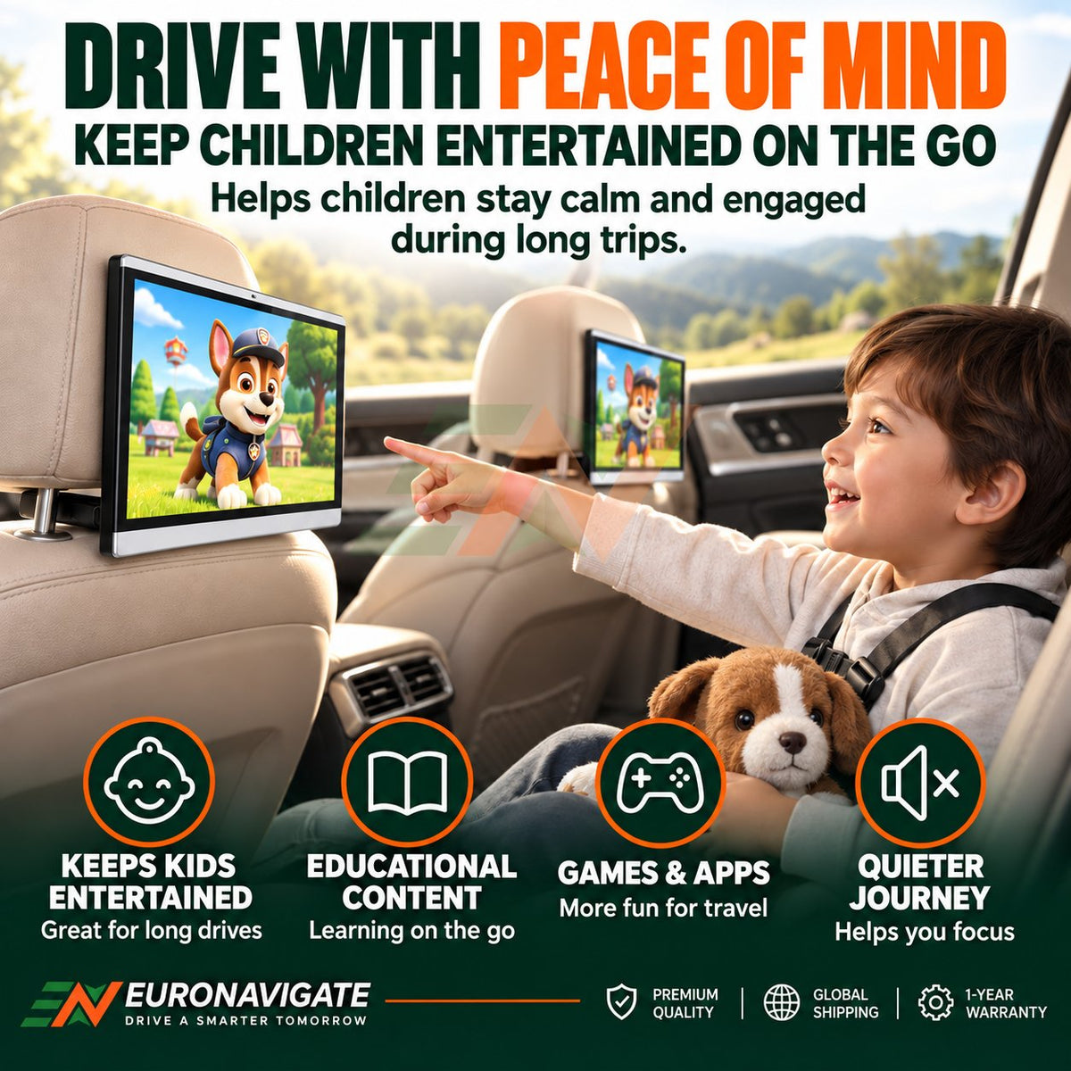 Car headrest entertainment system for Land Rover Discovery 4 with child watching video