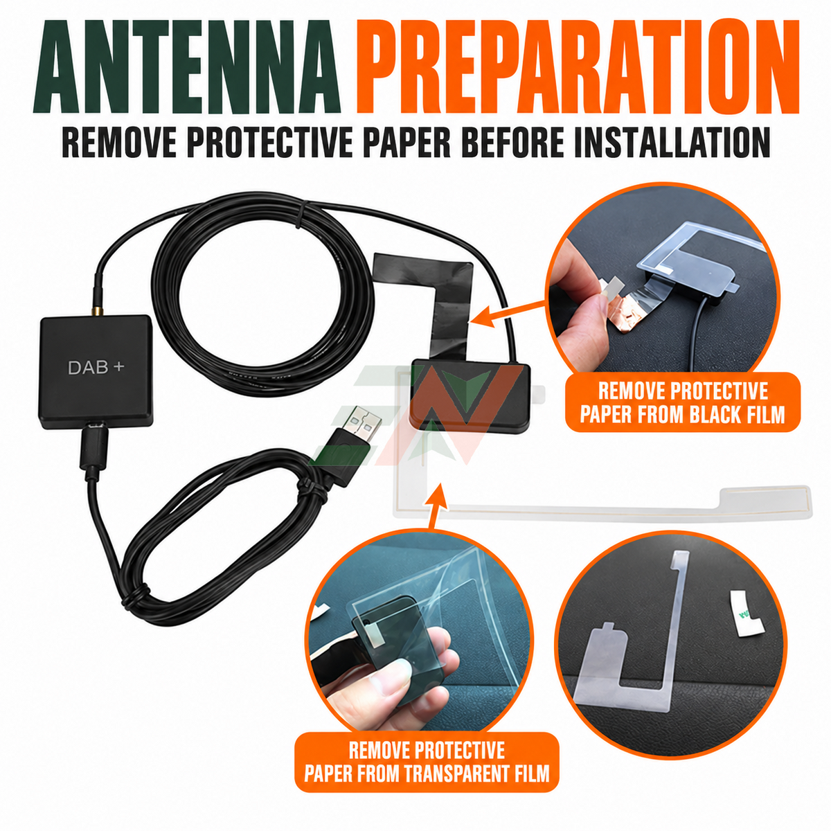 Car radio receiver adapter for Land Rover Discovery 4 DAB+ box installation - antenna preparation with protective film removal
