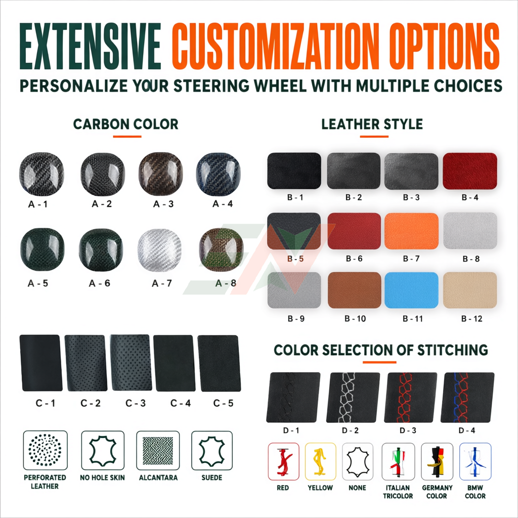 Custom Alcantara Carbon Fiber Steering Wheel Land Rover Discovery 4 color customization options for carbon, leather, and stitching