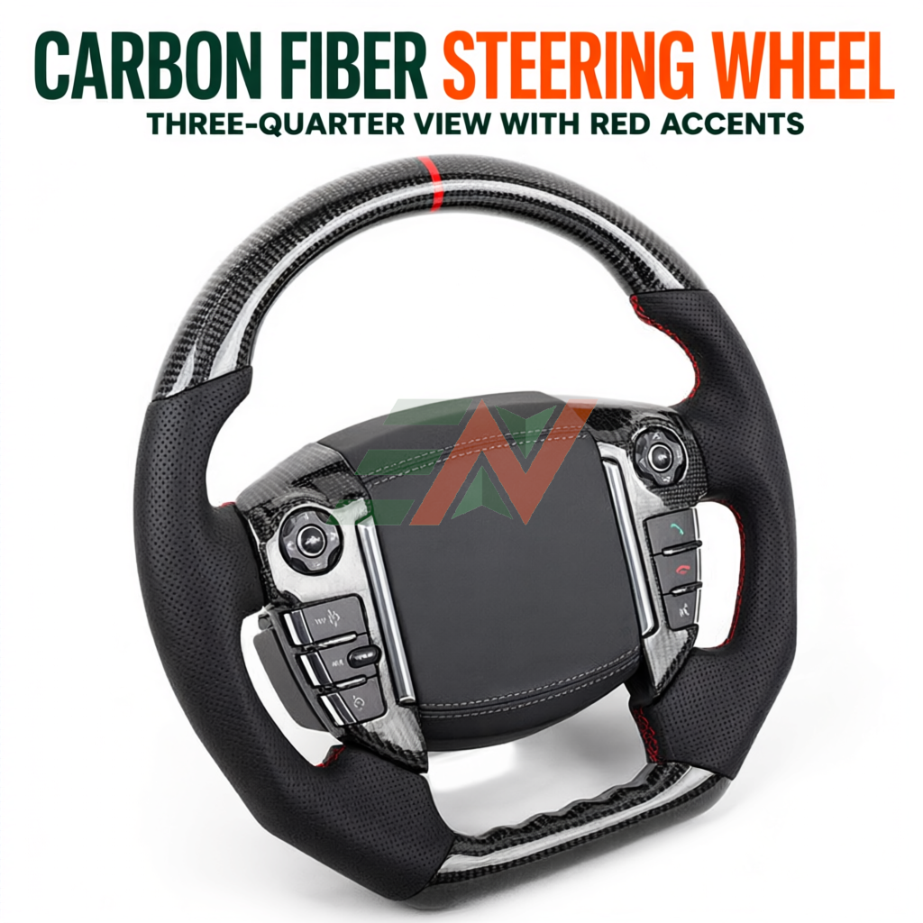 Custom Alcantara Carbon Fiber Steering Wheel for Land Rover Discovery 4 with perforated leather and red stitching accents