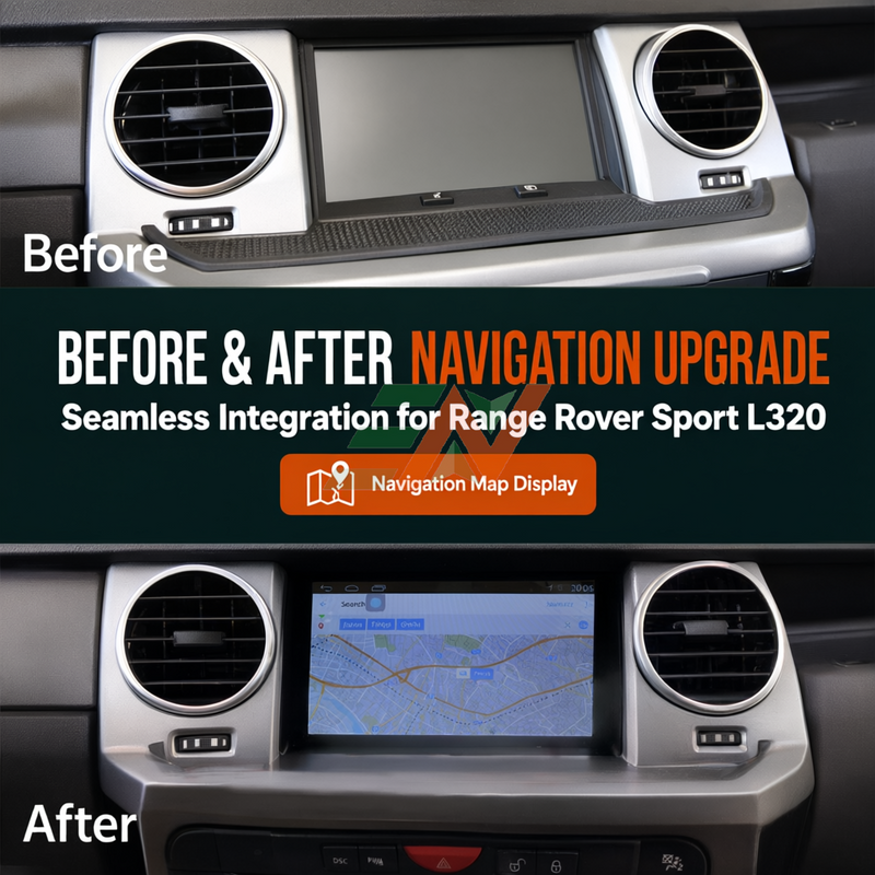 Dash touch screen Android head unit for Range Rover Sport L320 with GPS navigation multimedia player before and after upgrade