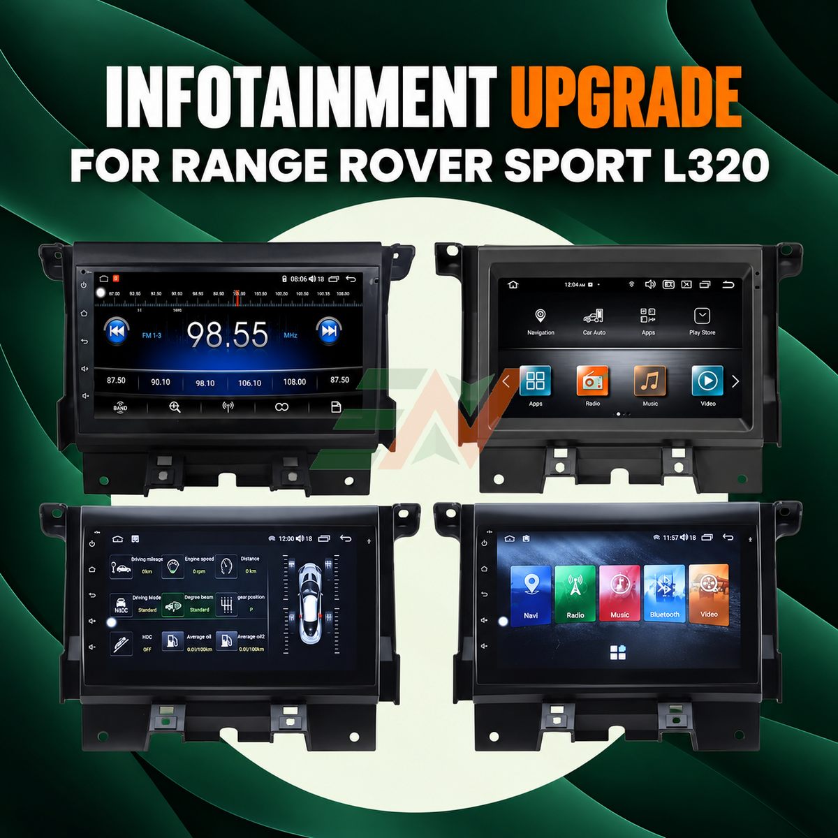 Dash Touch Screen Android Head Unit for Range Rover Sport L320 with multiple UI display options for infotainment upgrade