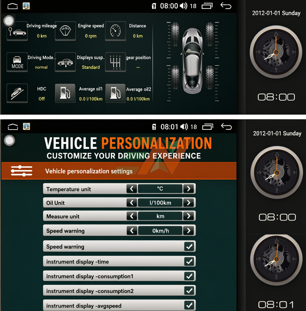 Dash touch screen Android head unit for Range Rover Sport L320 with real-time vehicle data display and personalization settings