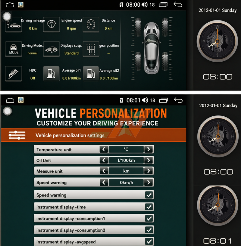 Dash touch screen Android head unit for Range Rover Sport L320 with real-time vehicle data display and personalization settings