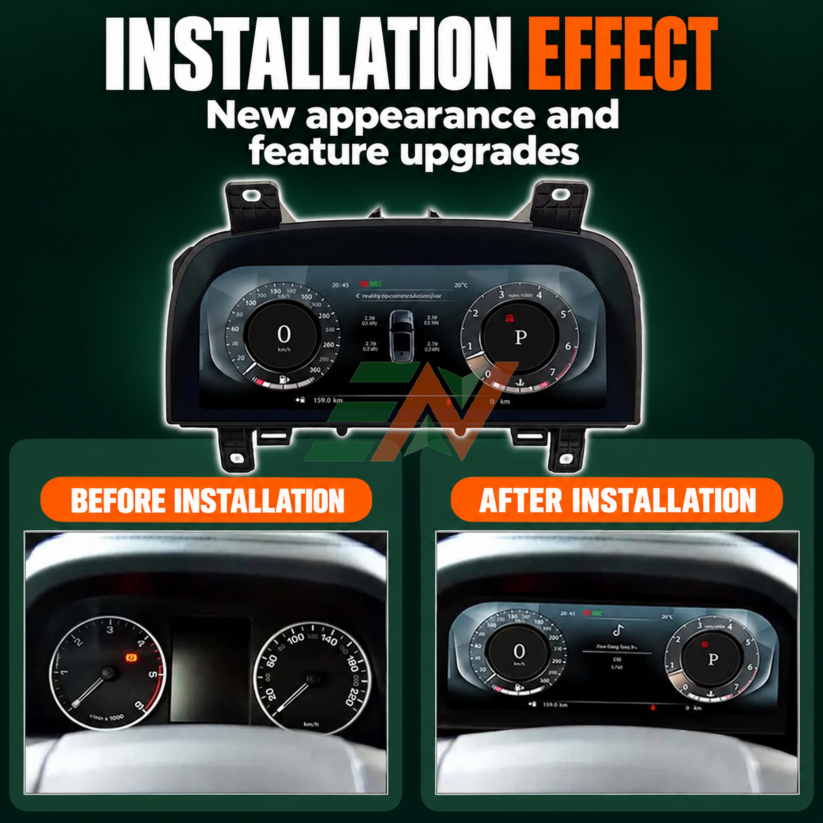 digital instrument cluster for Range Rover Sport L320 before and after installation comparison