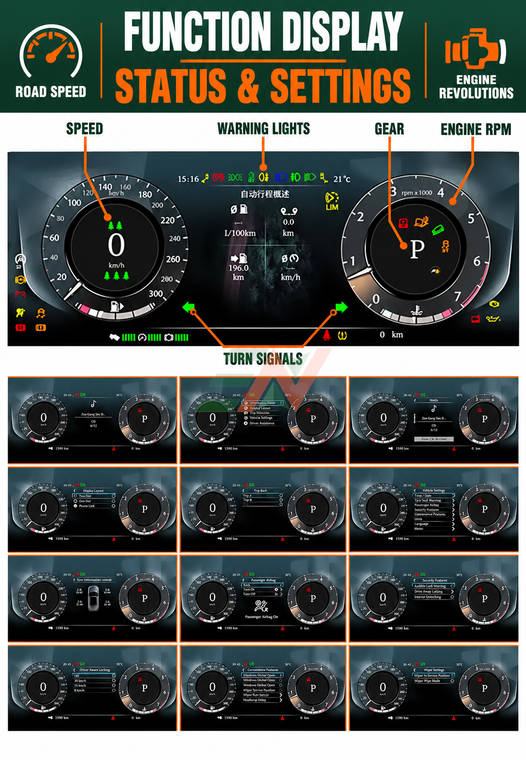 digital instrument cluster for Range Rover Vogue L405 with customizable digital display with multiple UI styles and settings