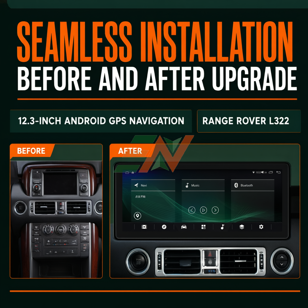 Head Unit Display Radio Stereo GPS Navigation for Range Rover Vogue L322 with 12.3-inch Android GPS navigation before and after upgrade