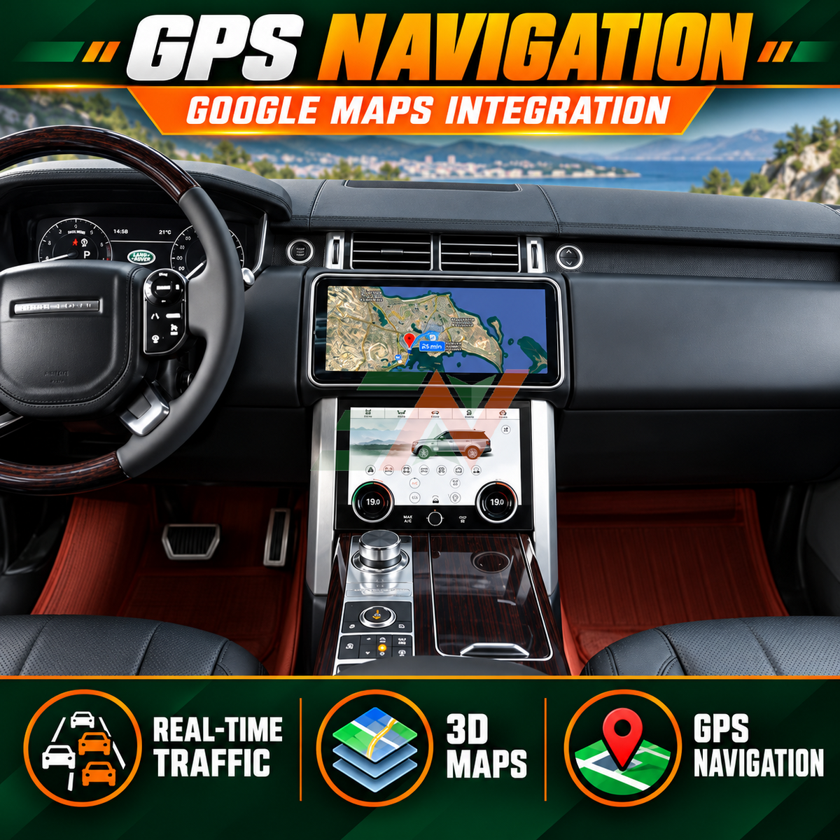 Head Unit Display for Range Rover Vogue L405 with interactive 3D maps and real-time traffic information