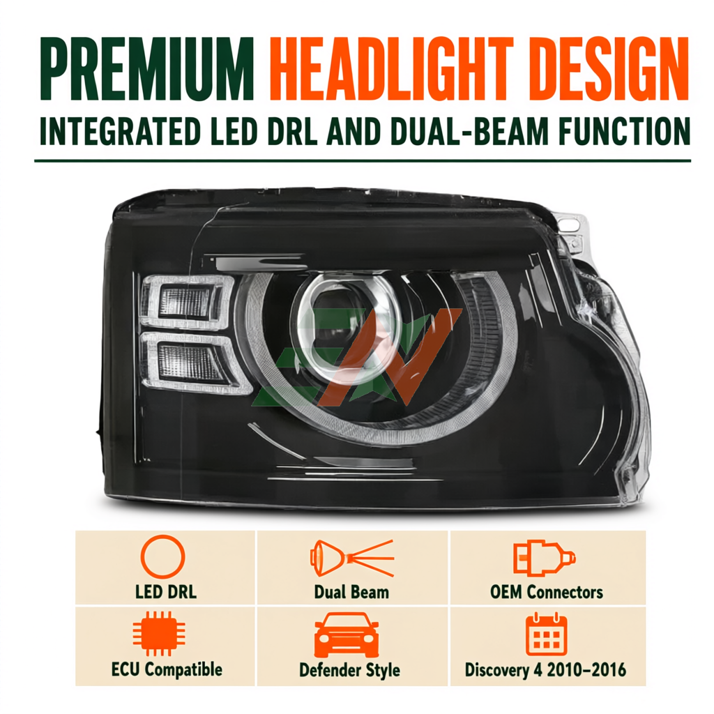 Land Rover Discovery 4 LED Defender Style Headlights with integrated daytime running lamps and dual-beam functions