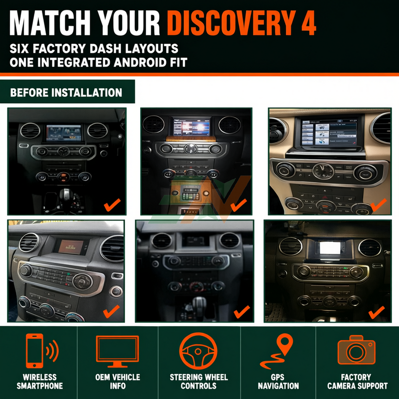 Infotainment System Land Rover Discovery 4 dashboard integration with six factory dash layouts before installation
