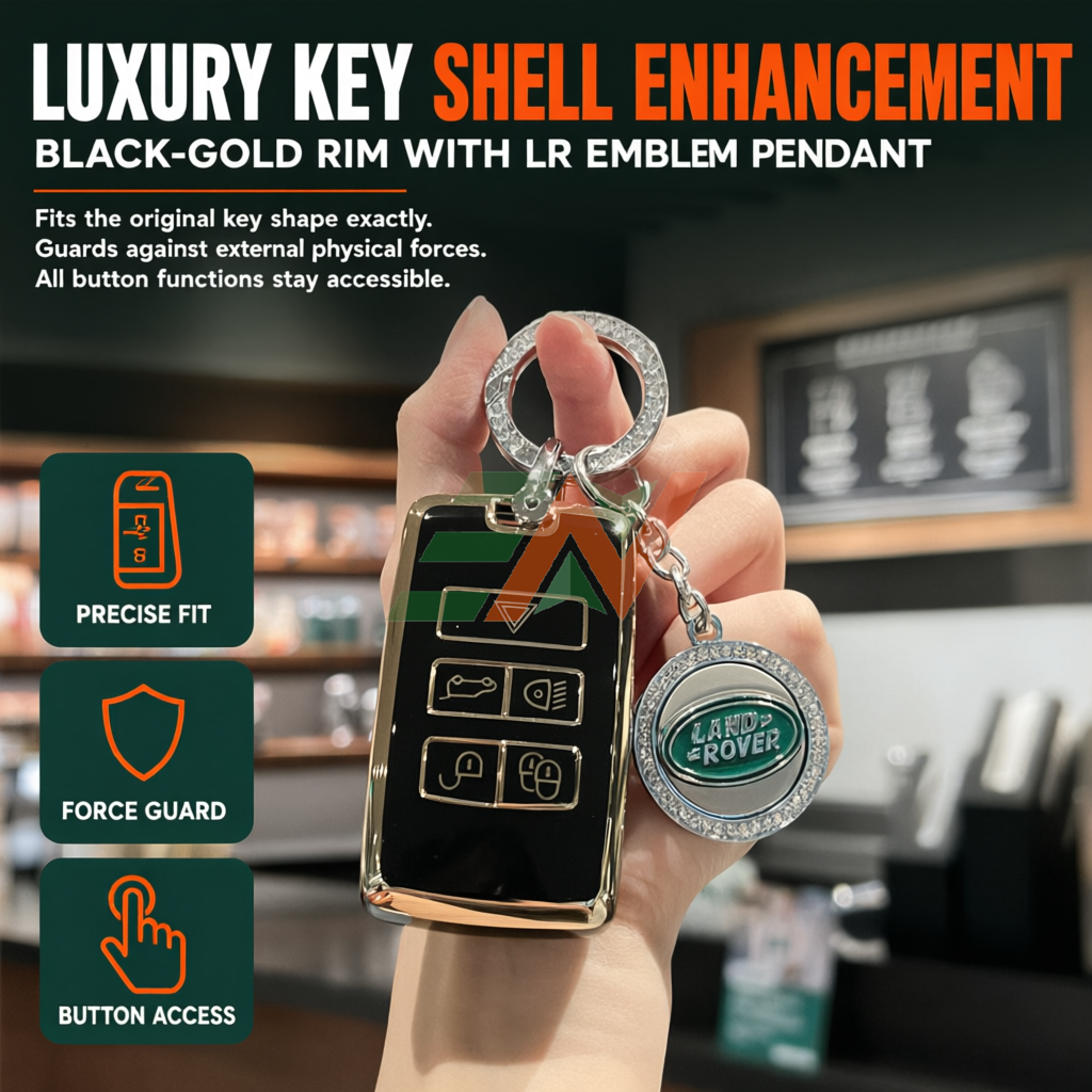 Land Rover Discovery 4 car key shell case remote guard with black-gold rim and LR emblem pendant