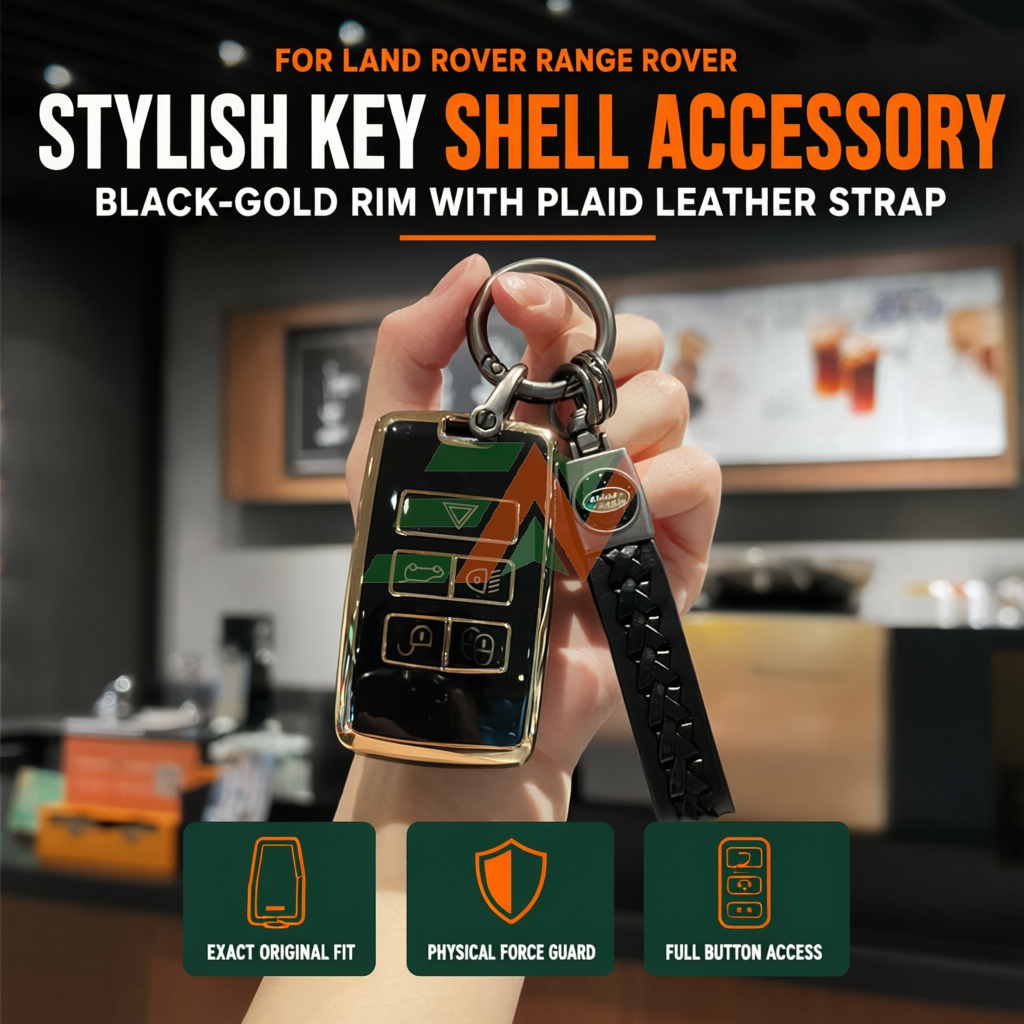 Land Rover Discovery 4 car key shell case remote guard with black-gold rim and plaid leather strap
