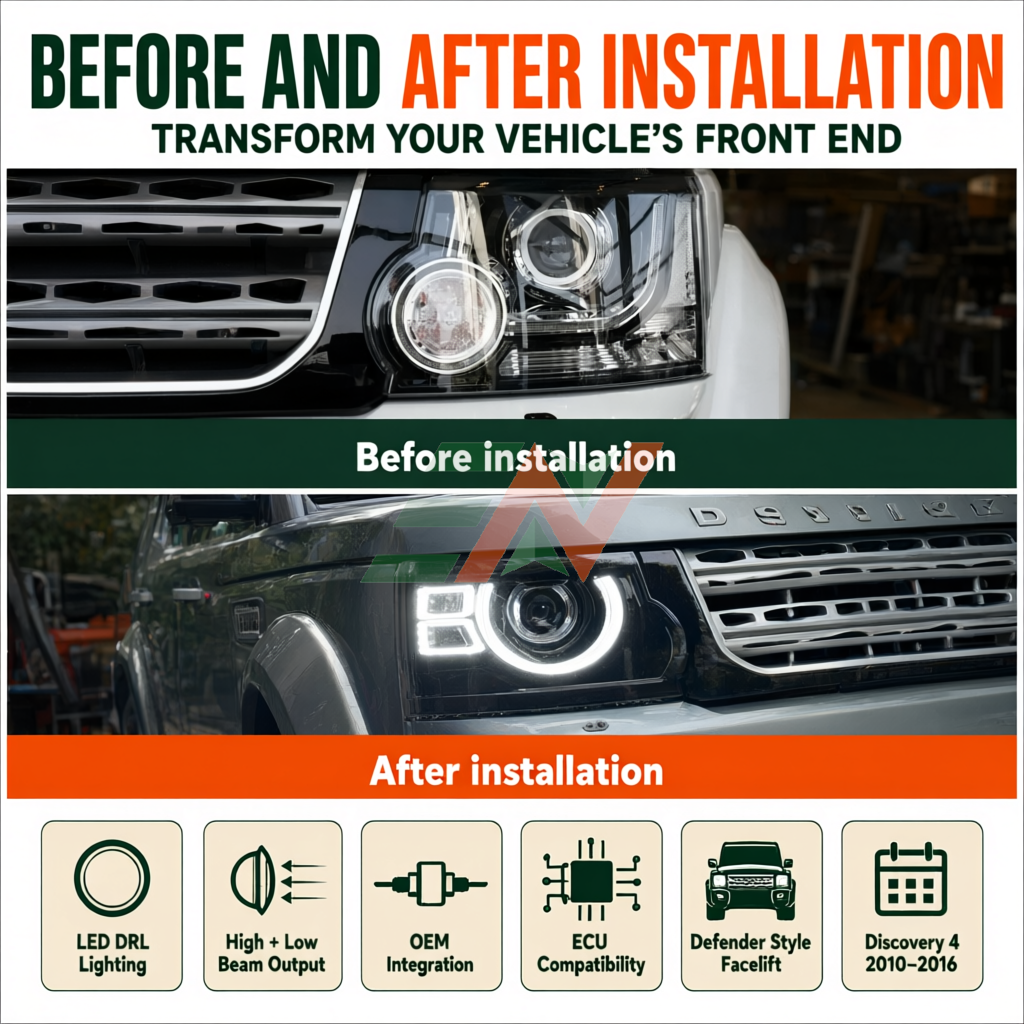 Land Rover Discovery 4 LED Defender Style Headlights with integrated daytime running lamps and dual-beam functions