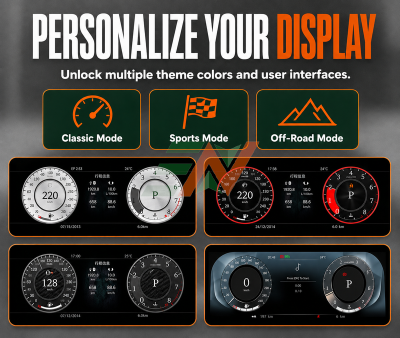 LCD Digital Instrument Cluster Land Rover Discovery 4 Virtual Cockpit UI styles - Classic, Sports, Off-Road modes