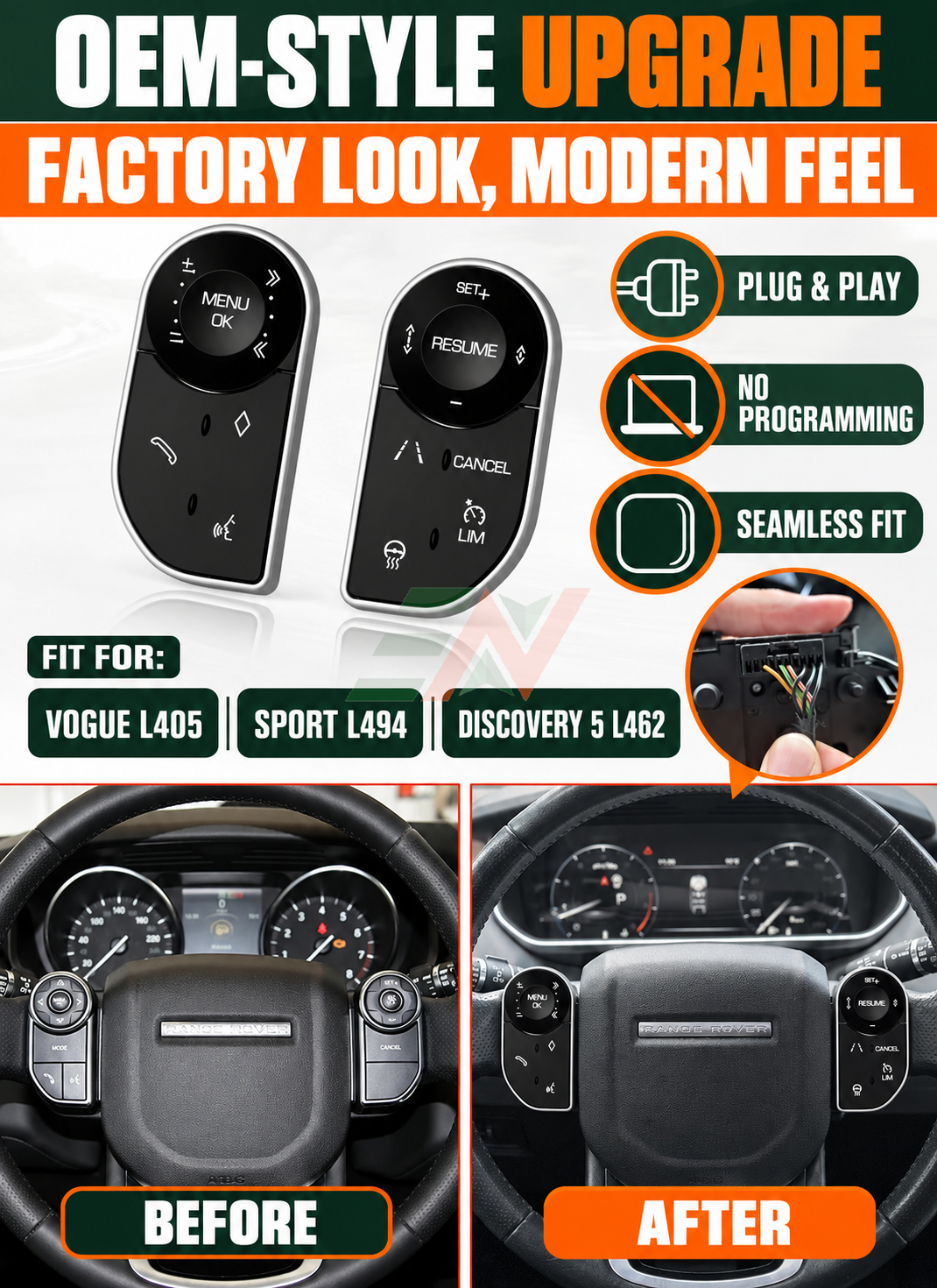 LCD touch button switches for Range Rover Vogue and Sport and Discovery5 steering wheel control upgrade with plug and play wiring