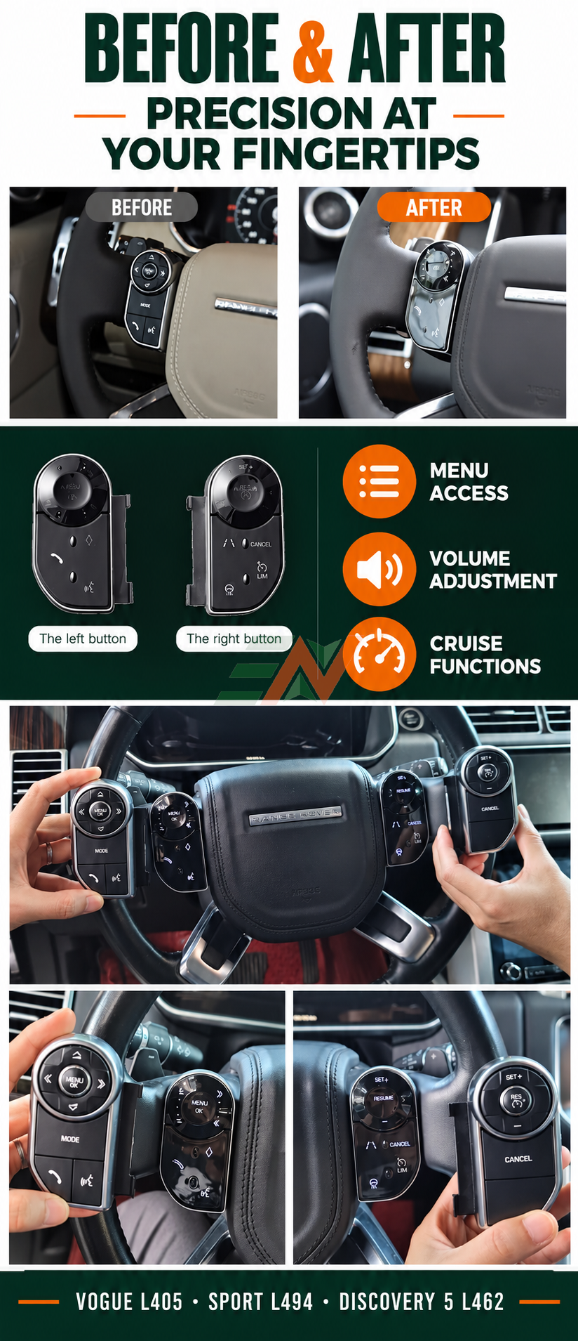 LCD touch button switches for Range Rover Vogue and Sport and Discovery5 steering wheel control upgrade before and after comparison