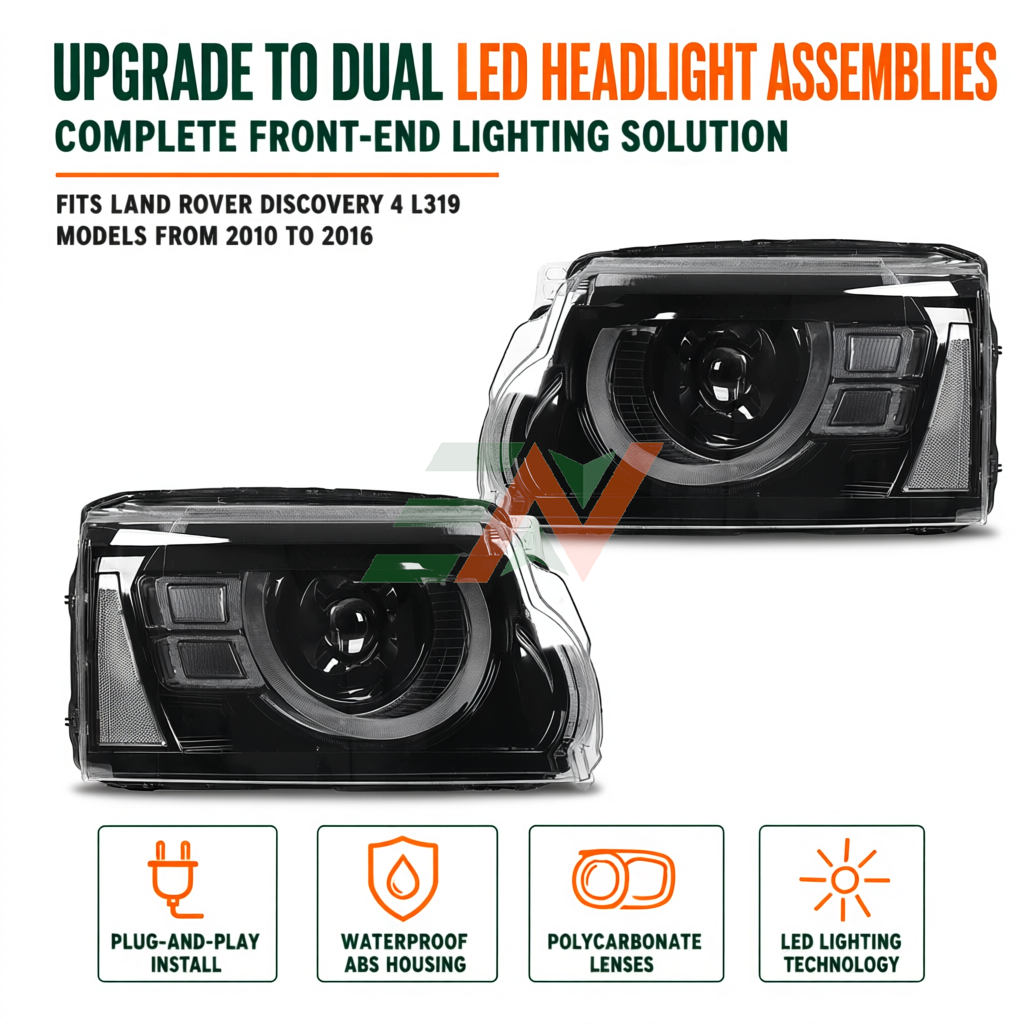 LED Headlight Assembly for Land Rover Discovery 4 with waterproof ABS housing and polycarbonate lenses