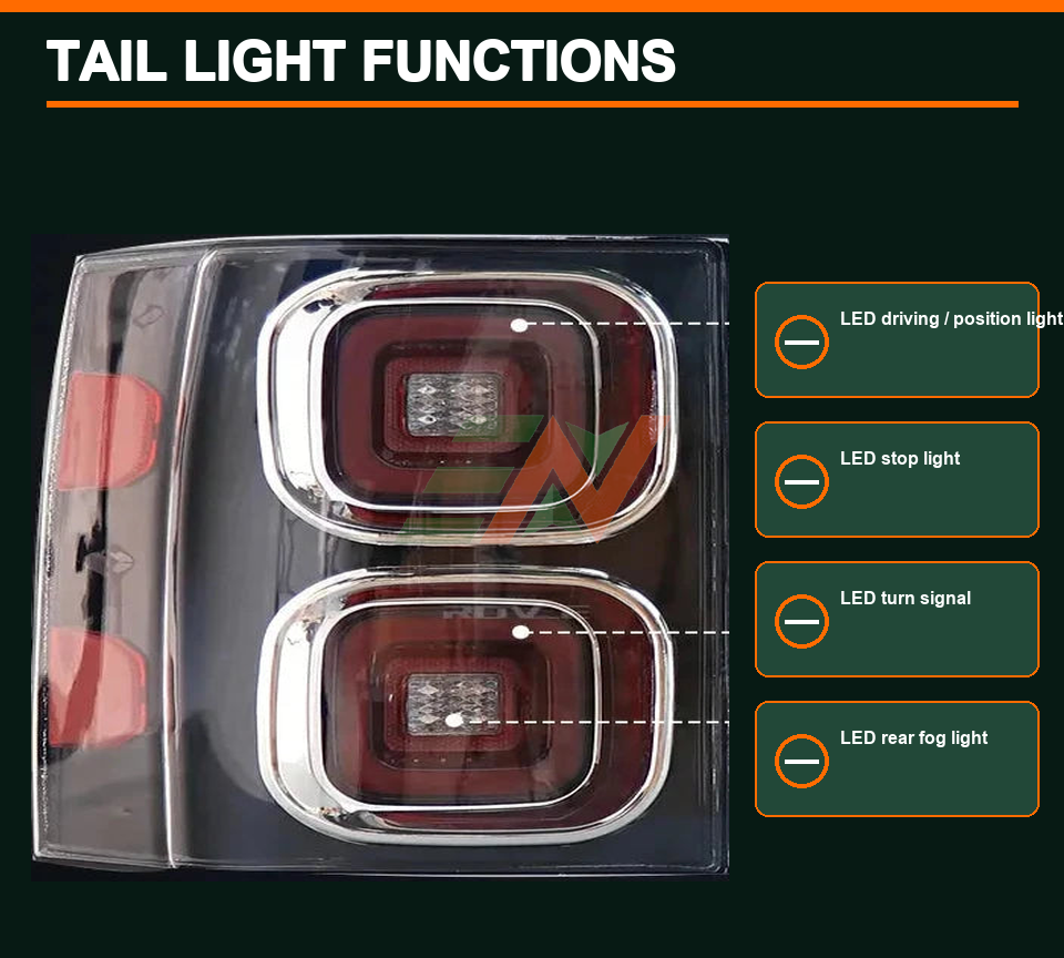 LED taillights for Range Rover Vogue L322 with detailed function labels for driving stop turn signal and rear fog lights