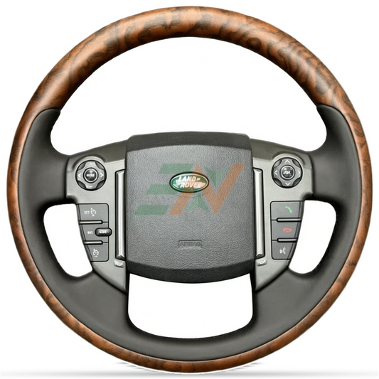 Volante modificado y de cuero Land Rover Discovery 4 con secciones superior e inferior de madera de caoba