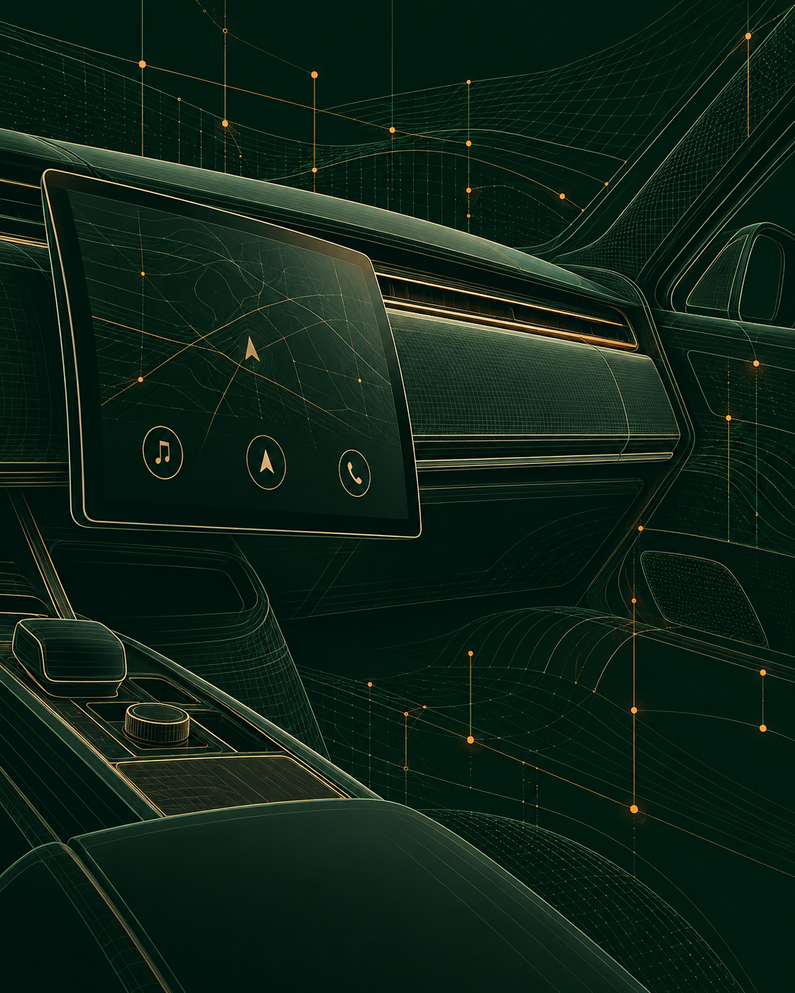 Technical illustration of a Range Rover L460 cockpit with an infotainment screen and centre console