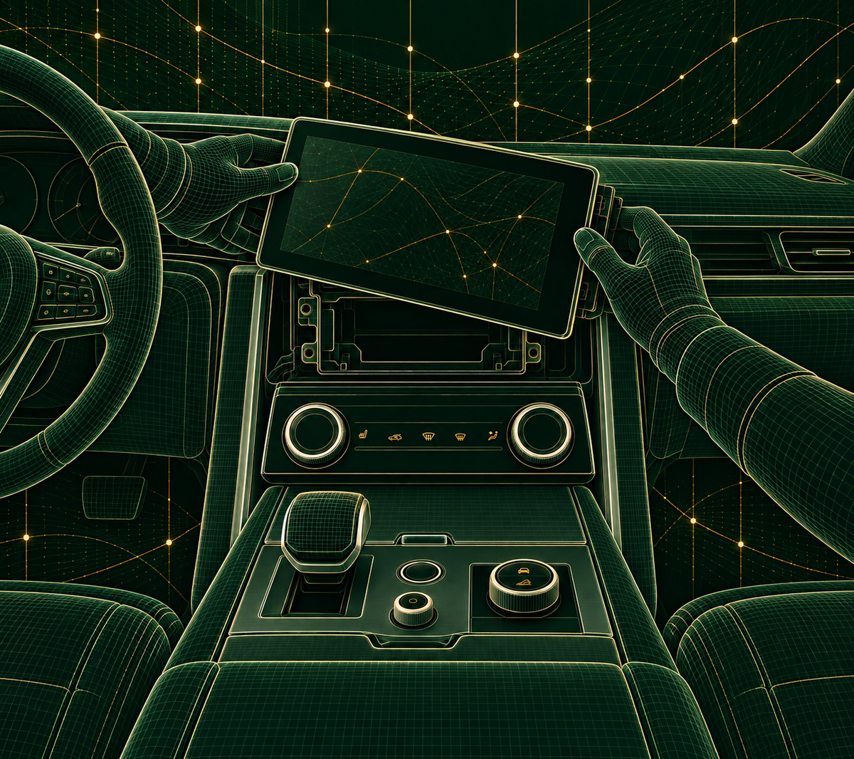 Illustration of hands positioning an infotainment screen above an open dashboard mount and climate controls