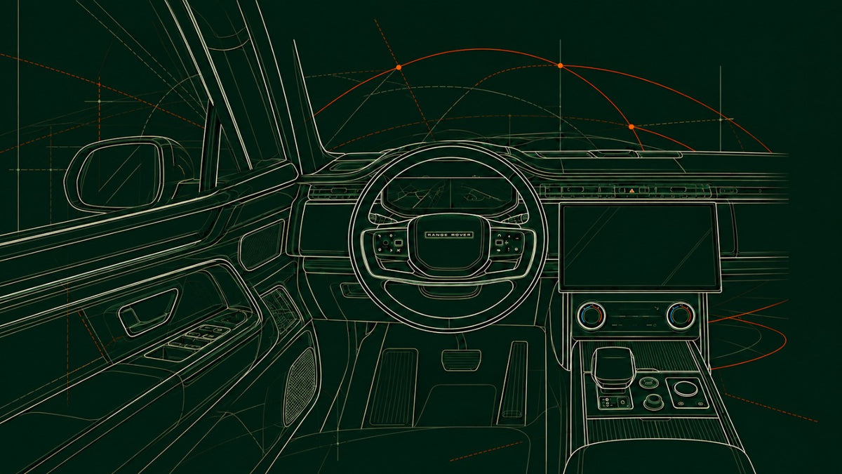 Line illustration of a Range Rover cockpit with a steering wheel, infotainment screen and climate controls