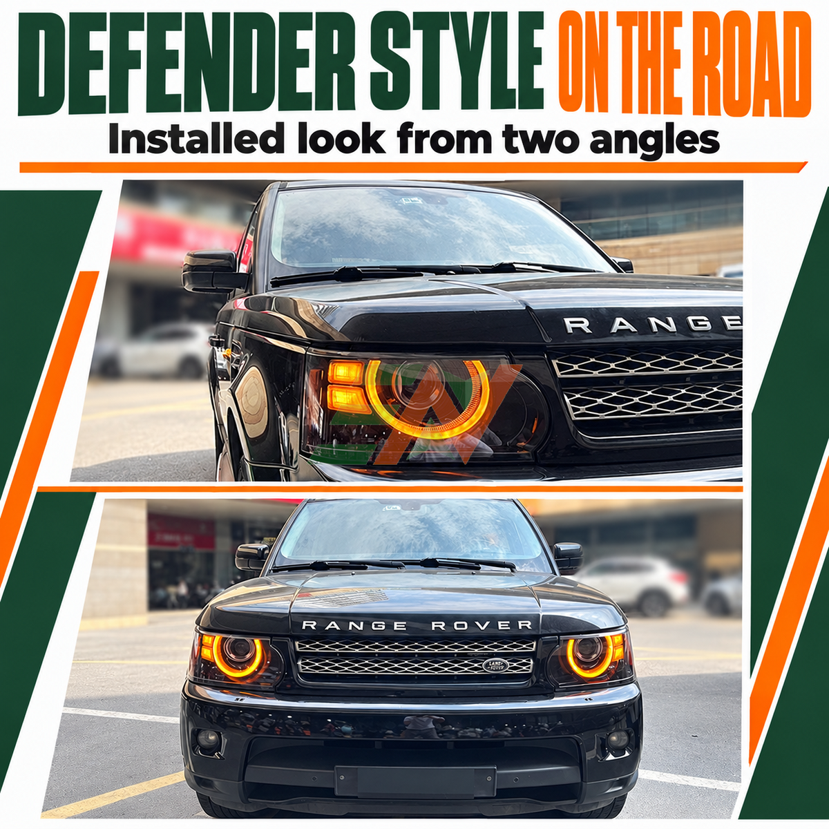 Vehicle headlamp plug and play upgrade for Range Rover Sport L320 with Defender style front lamps installed appearance