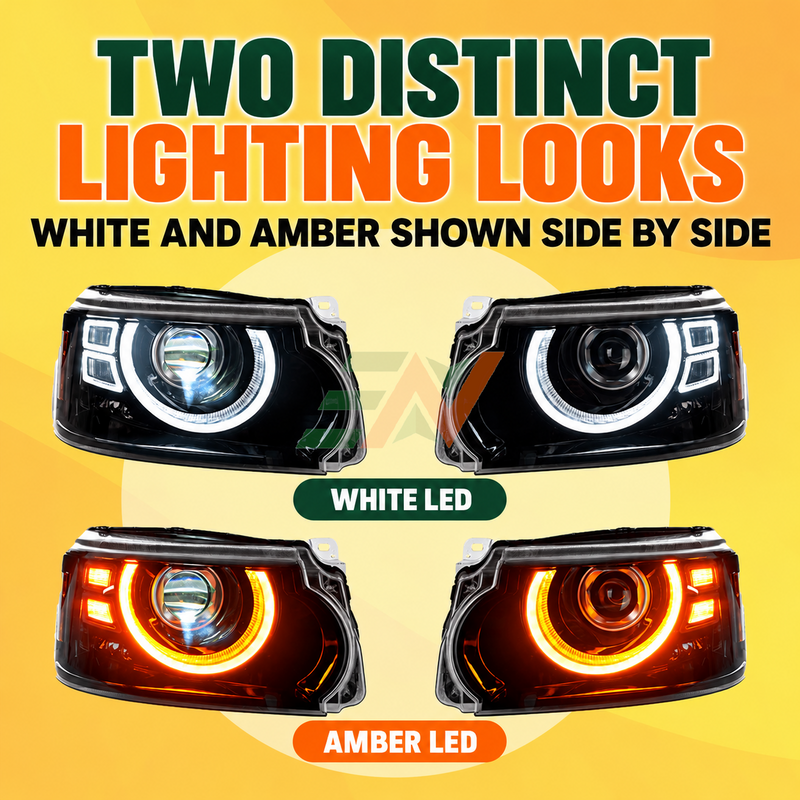 Vehicle Headlamp Plug And Play Upgrade Range Rover Sport L320 white and amber ring light design comparison