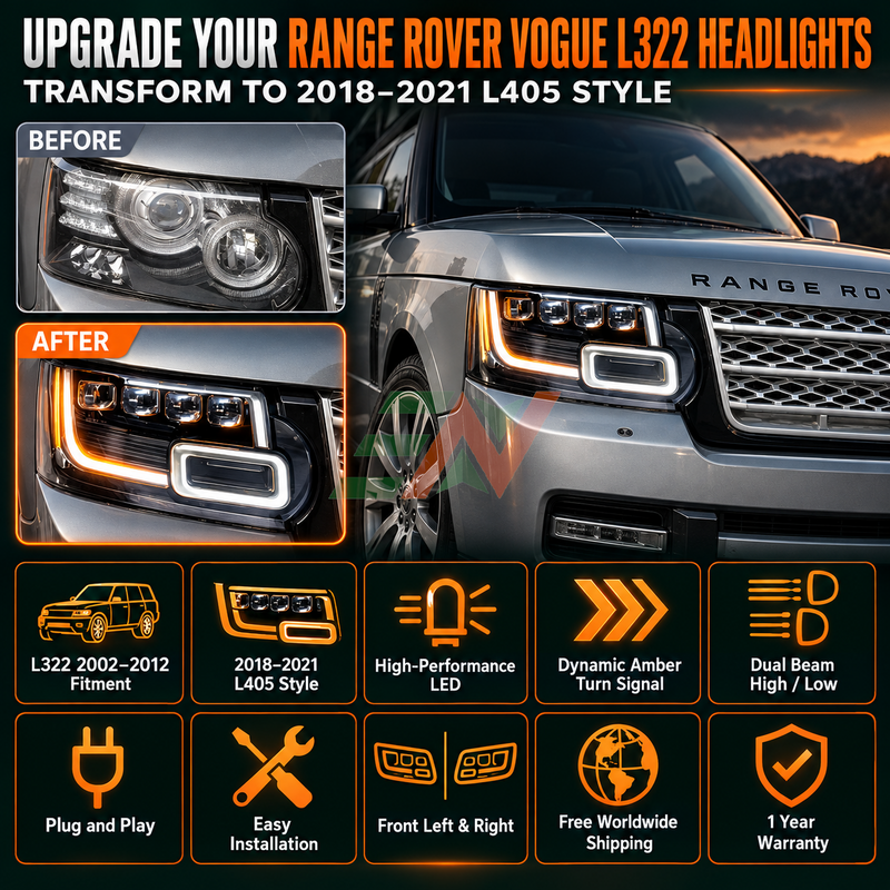 Vehicle headlamp upgrade for Range Rover Vogue L322 with L405 look - before and after comparison