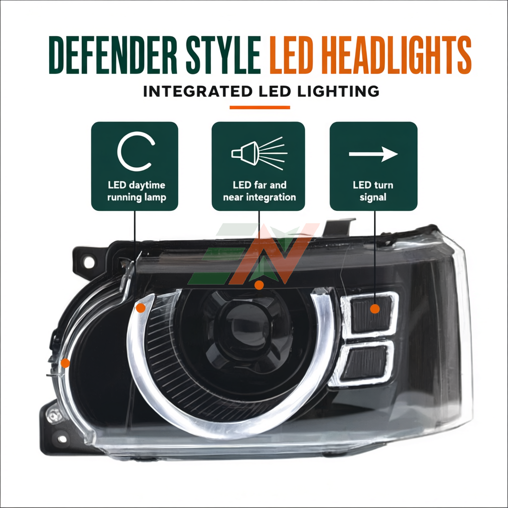 Vehicle headlamp replacement Range Rover Vogue L322 Defender design headlights with integrated LED lighting