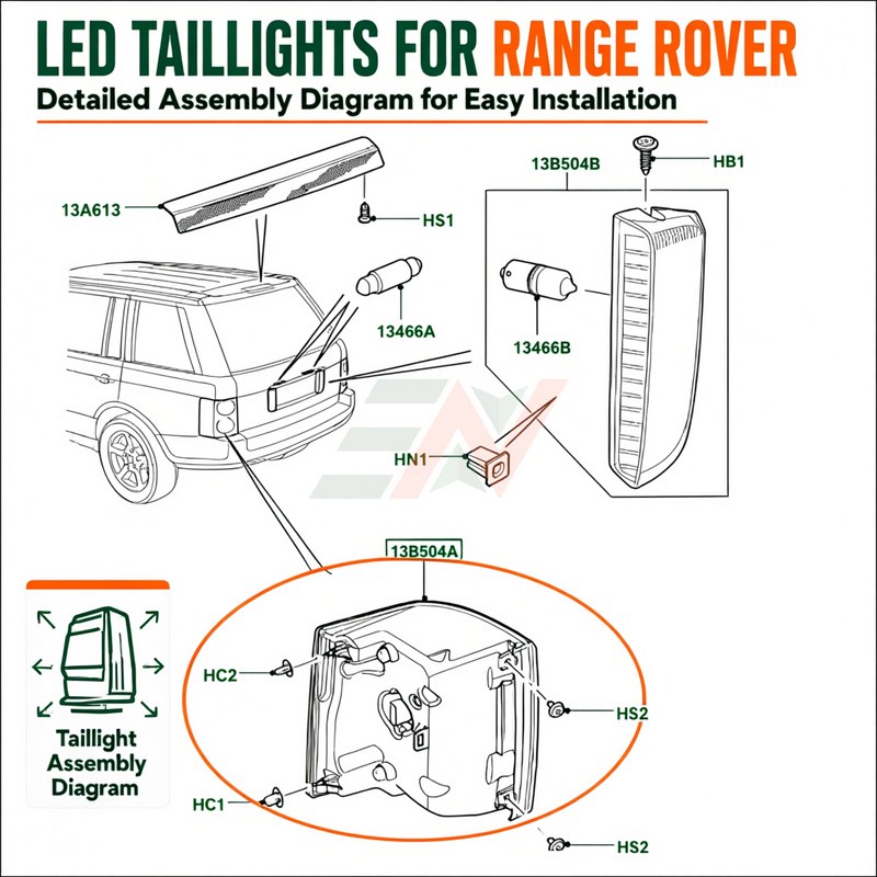 Vehicle Taillight Plug And Play Upgrade Replacement Land Rover Range Rover Vogue L322 LED rear light assembly diagram